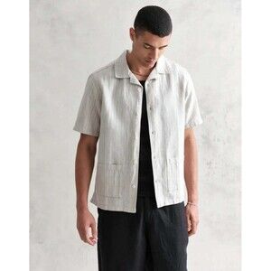 WAX LONDON Shirt Mens XL Tan Button Up Solid Stripe Linen Blend REN $165